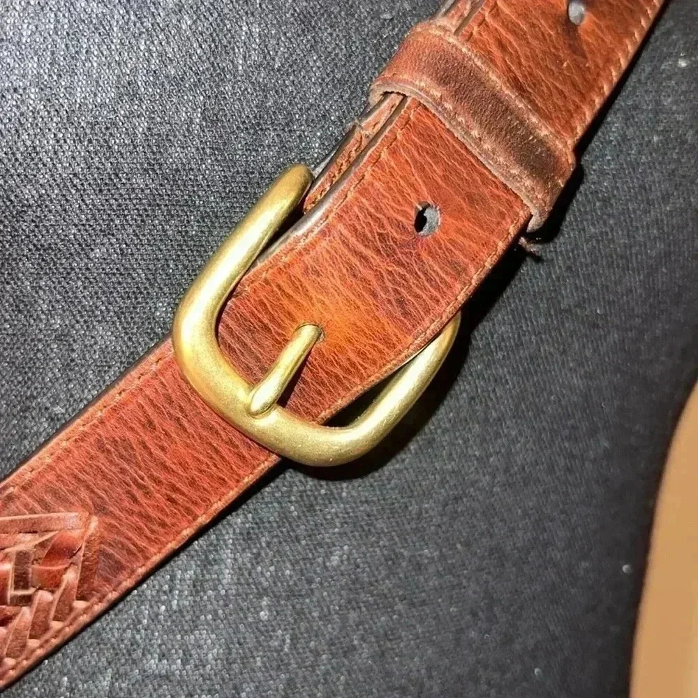 Men’s Brown Leather Braided Solid Belt with Solid Brass Buckle Size 42